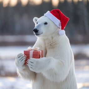 手捧礼物戴着圣诞帽的北极熊图片